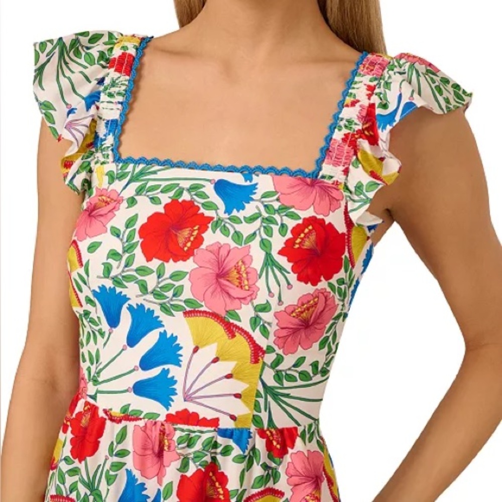 Adrianna by Adrianna Papell Women's Floral-Print Flutter-Sleeve Mini Dress Sz 6 - Picture 3 of 9